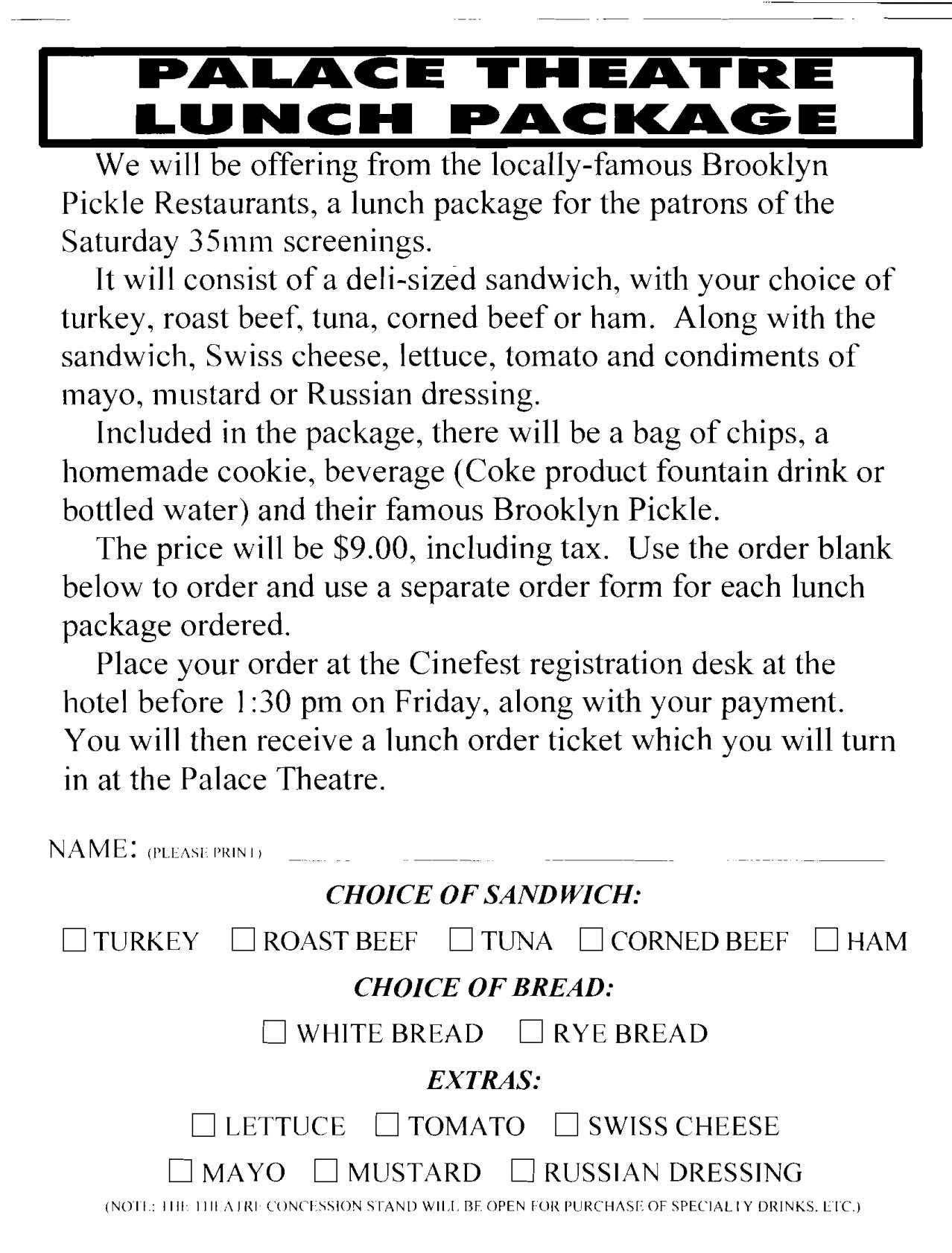 Palace Theatre Food Order Form!