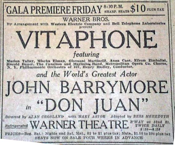 Original news ad for Don Juan premiere from THE NEW YORK TIMES, August 5, 1926 - $10 per seat!